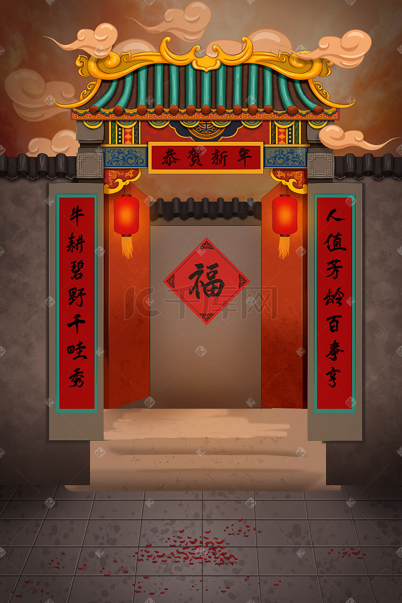 新年红色喜庆灯笼建筑中国风春联福字场景图片