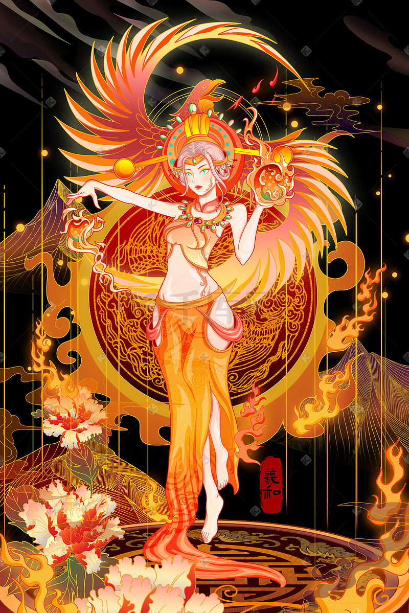 国潮神话人物太阳女神羲和插画图片