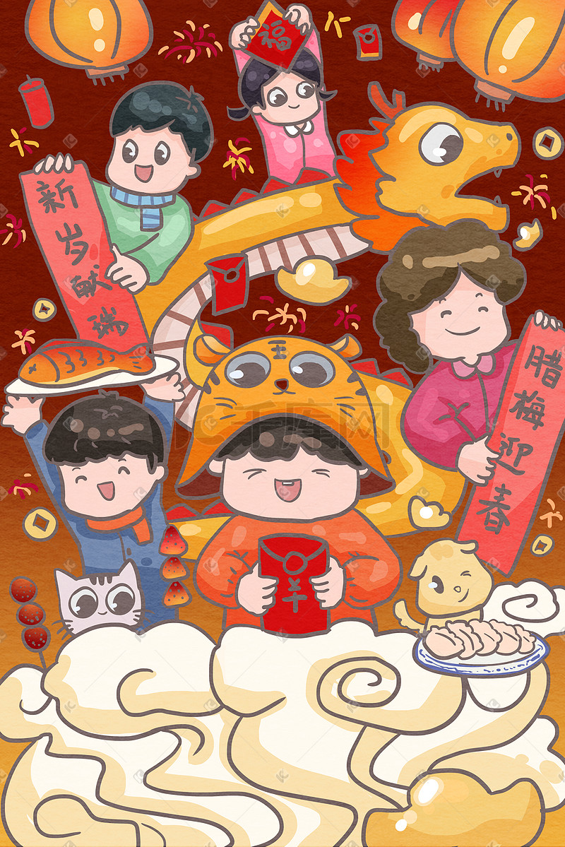 小年春节新年红包过年家人团聚庆贺新年烟花烟花图片