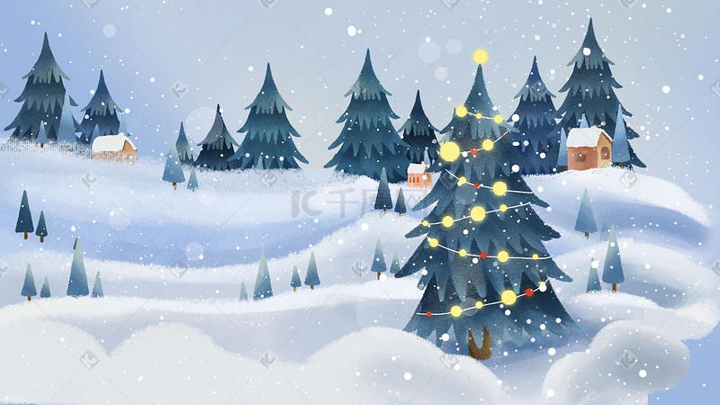 圣诞圣诞节大雪冬天冬季唯美雪景松树插画图片
