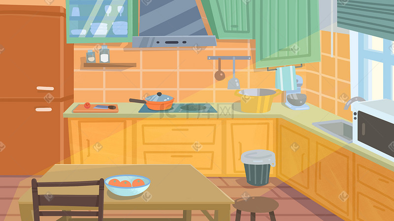 手绘扁平场景家庭厨房插画图片