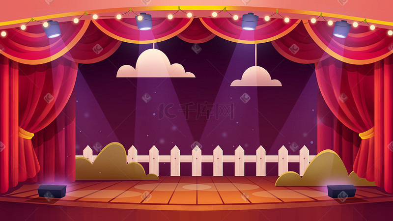 舞台背景灯光红色窗帘聚光灯剧院云朵图片