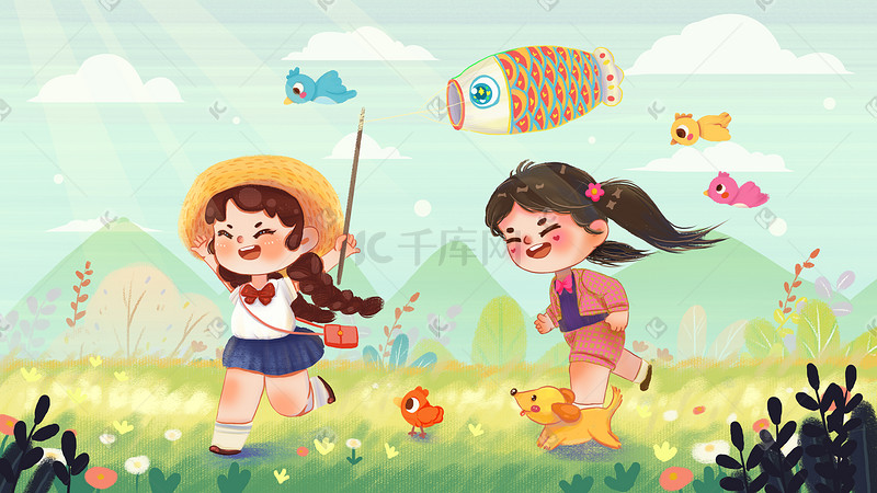 春天两个女孩放鱼旗奔跑治愈立春插画图片