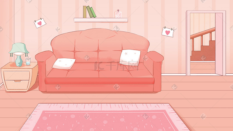 手绘卡通可爱粉色客厅图片
