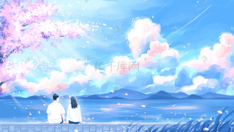 唯美治愈樱花漫天海边情侣插画图片