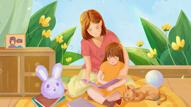母亲节感恩节母女温馨家庭陪伴读书节日插画图片