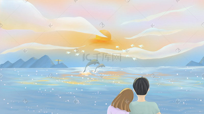 相爱的恋人一起欣赏海上落日图片