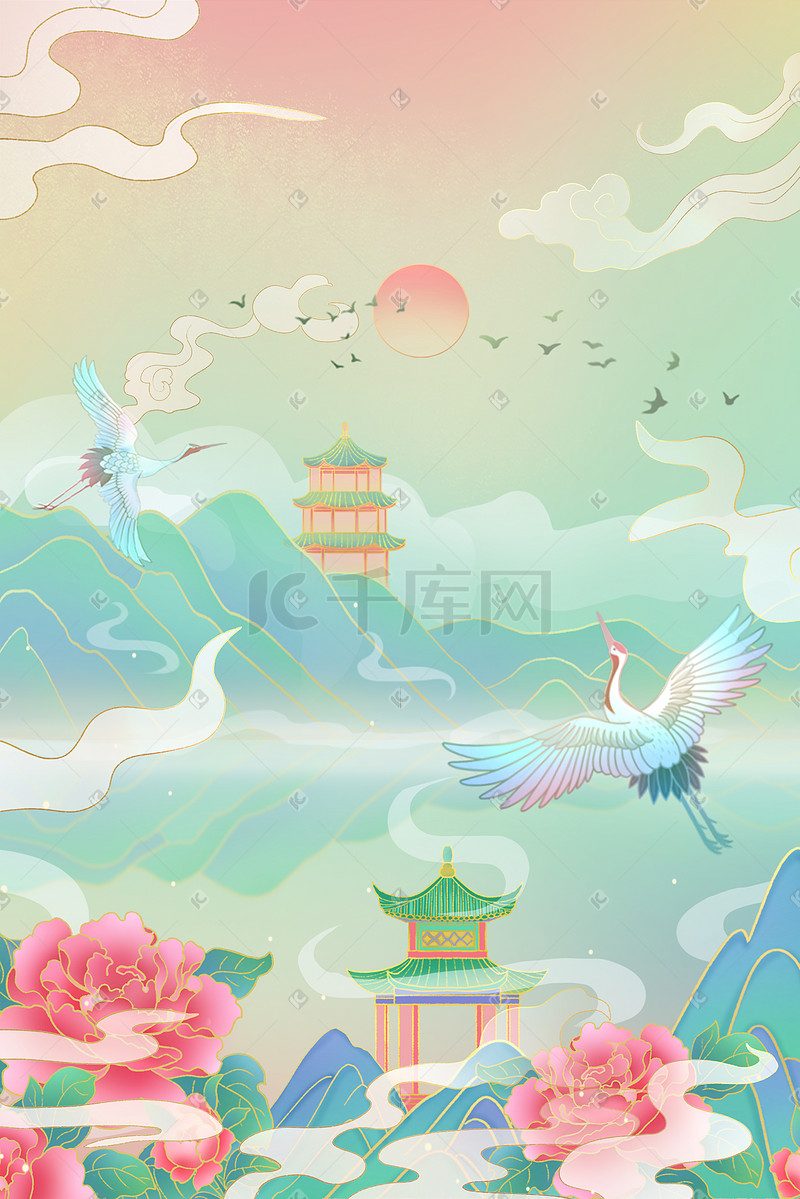 国潮风中国风山水牡丹飞鹤插画海报背景图片