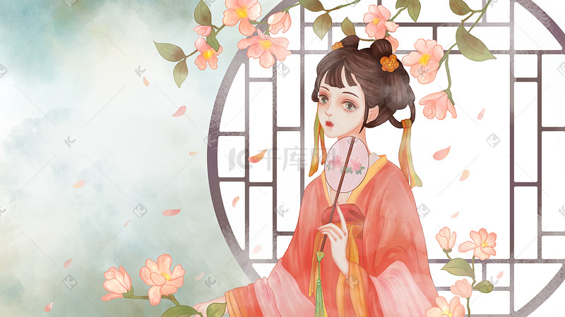 中国风古风人物女孩插画海报背景图片
