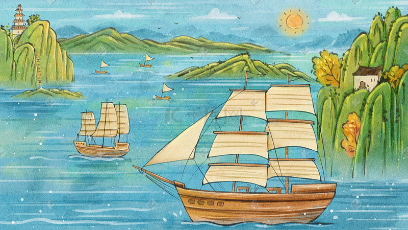 古风水彩航海水彩风景中国航海日图片