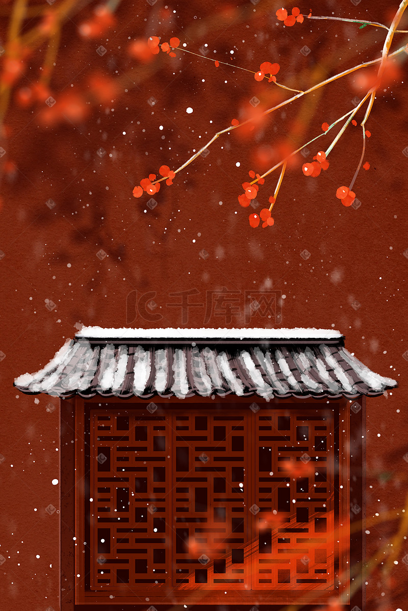 红色中国风古风风景插画图片
