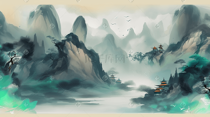 彩色水墨中国风山水图片