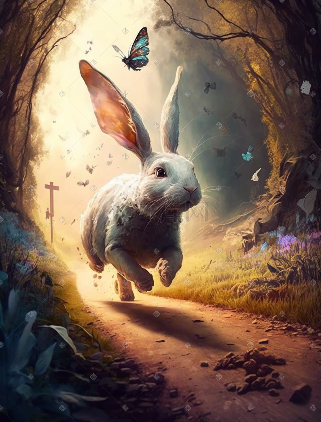 森林里可爱奔跑的兔子图片