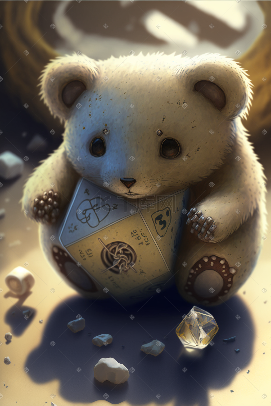 在一个破碎的骰子里放着一只破碎的泰迪熊图片