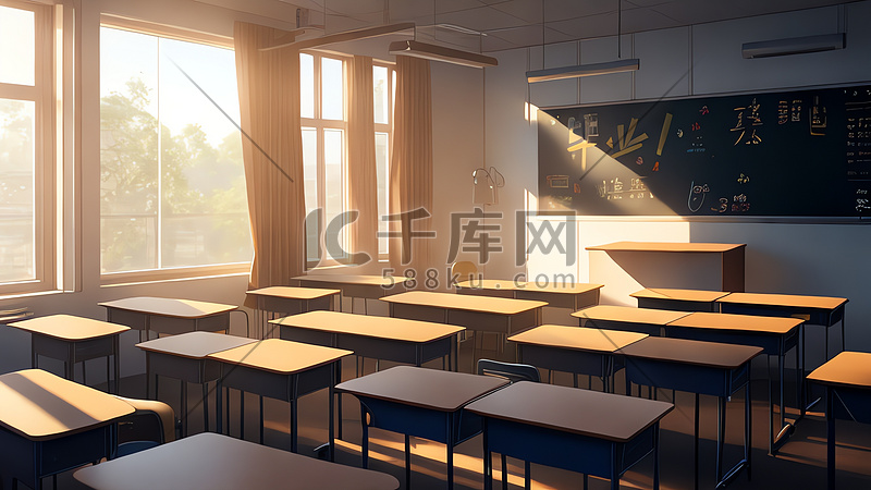 教室阳光光线青春高品质书桌和黑板细节图片