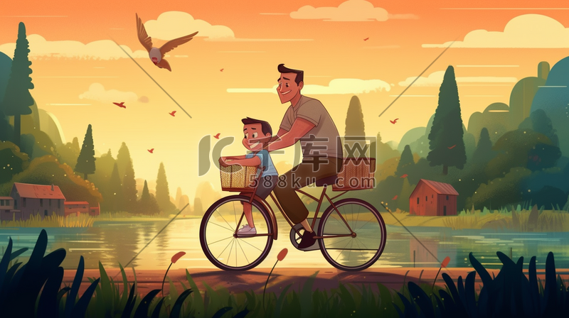 一个小男孩和父亲在湖边骑自行车的卡通片图片