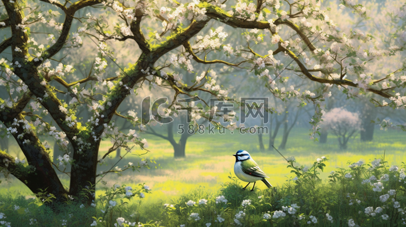 春天的花朵盛开绿树如荫一只小雀在树枝图片