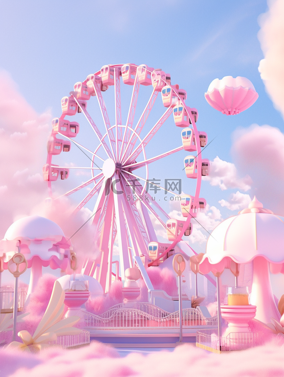 粉色梦幻卡通3D立体游乐场旋转木马图片
