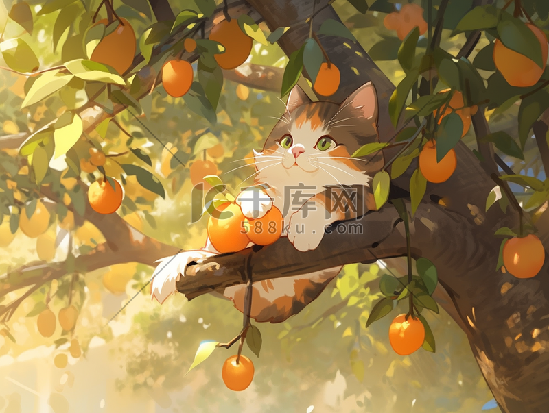 手绘卡通可爱小猫咪在树上趴着图片