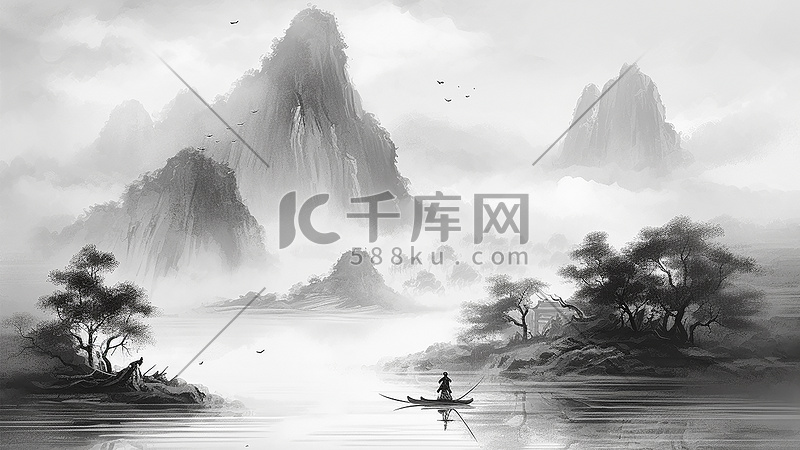 手绘黑白中国风山水画古风背景图片