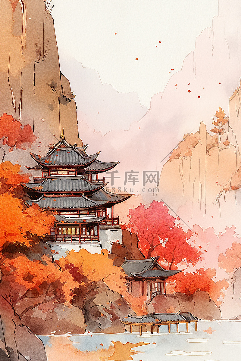 中国风秋天远山红色枫叶古建插画背景图片