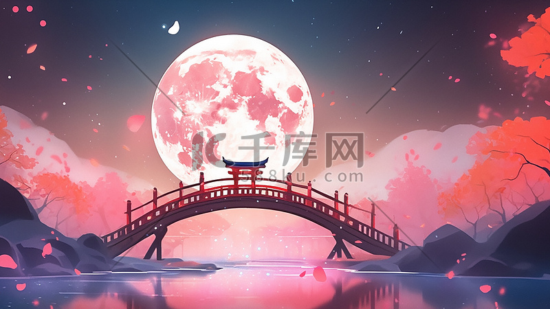 中国风国潮唯美圆月古桥中秋节节日插画图片
