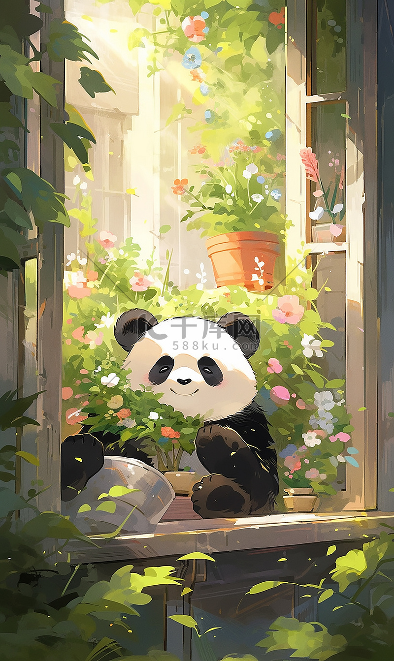 绿色治愈熊猫插画图片