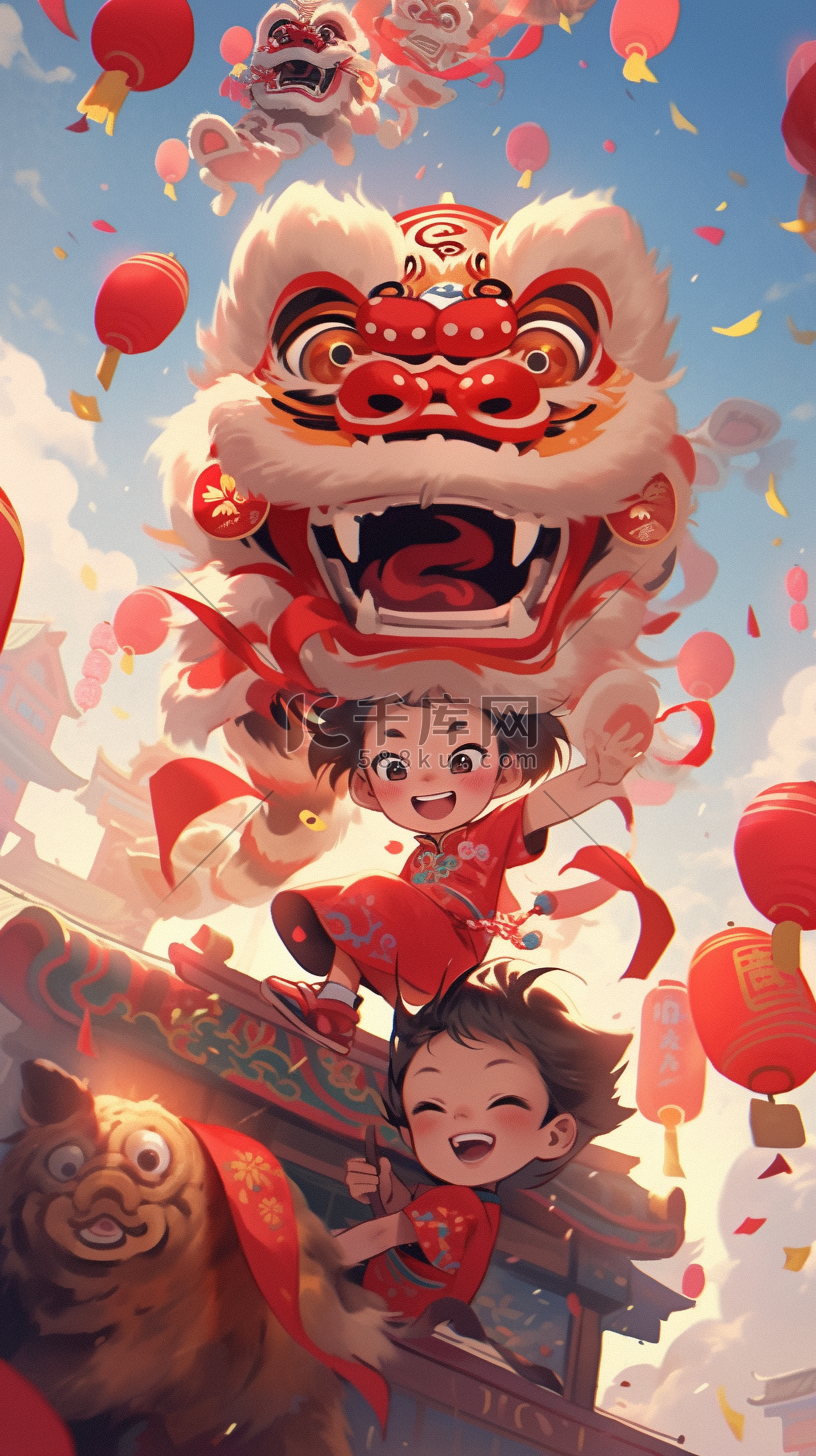 插画中国风新年舞狮手绘图片