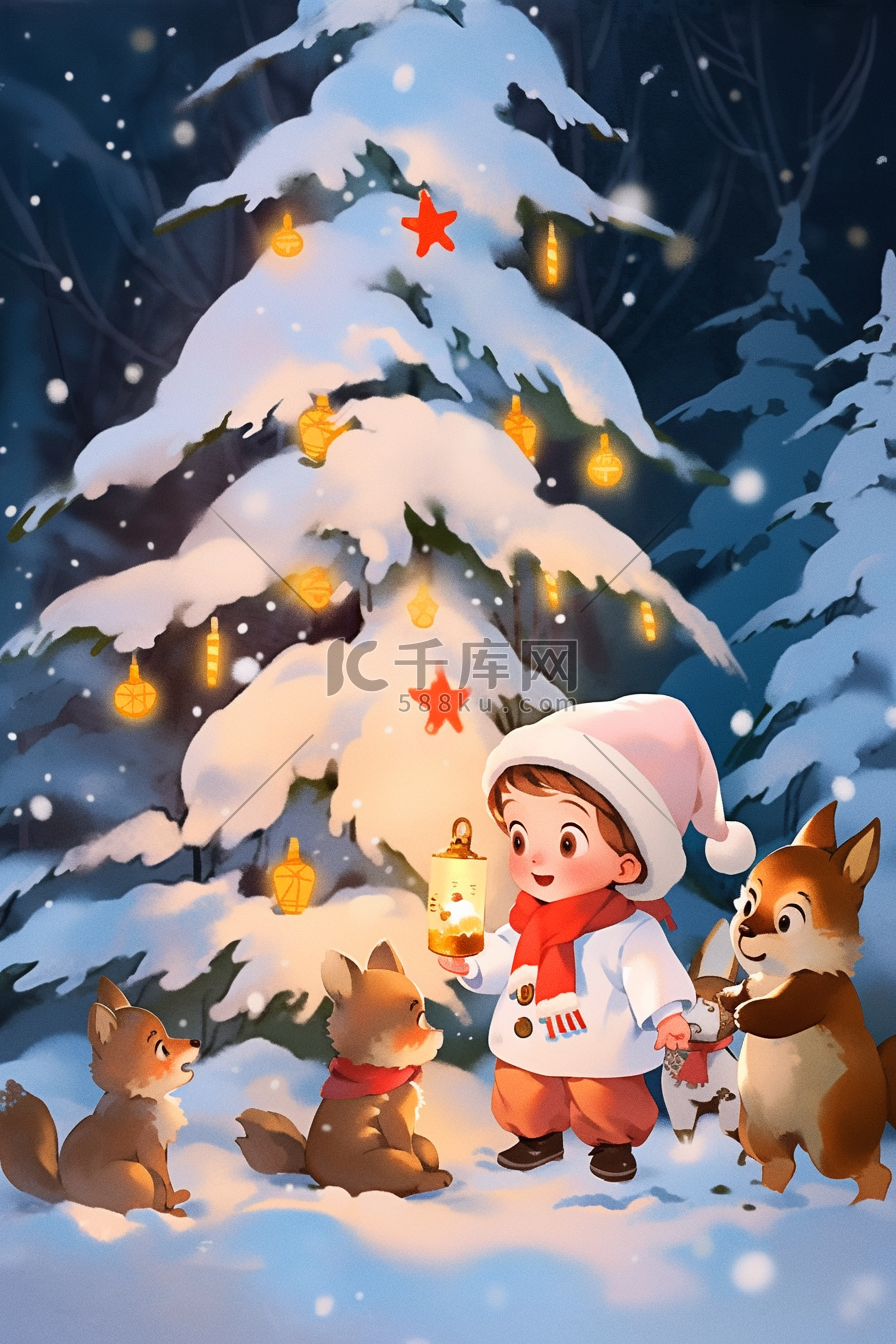 圣诞节孩子和小动物一起堆雪人手绘海报插画图片