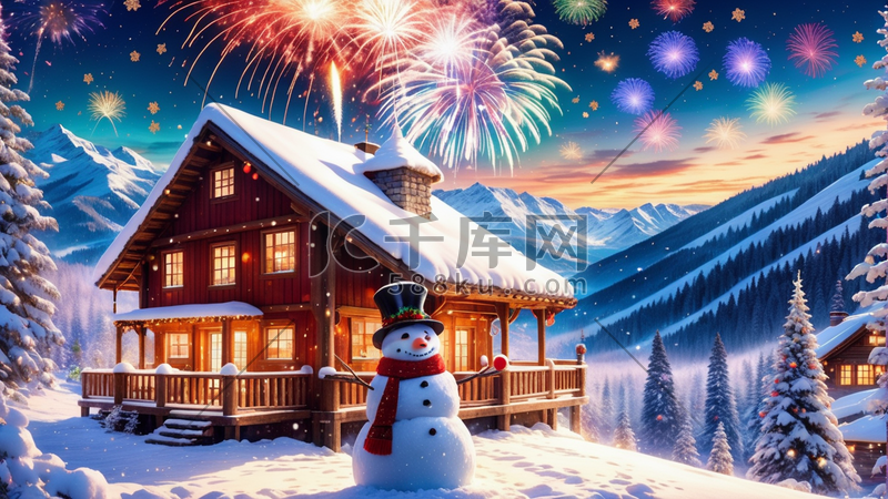 圣诞雪人烟花焰火小木屋风景圣诞树插画图片