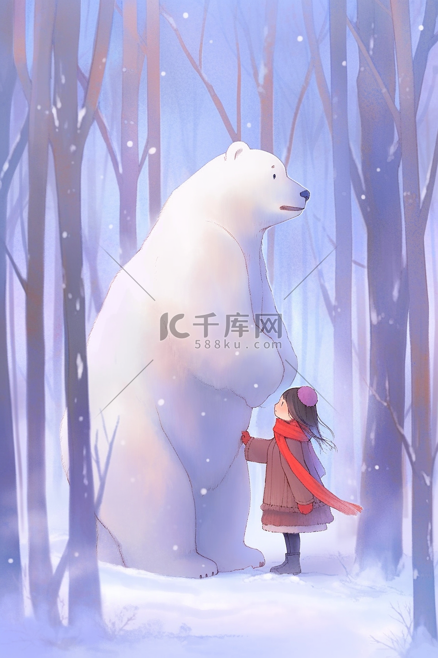 冬天唯美女孩北极熊插画海报图片