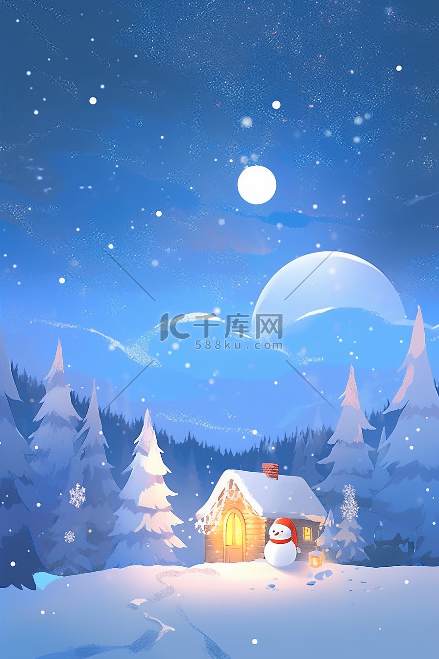 冬天手绘雪地的插画夜晚图片