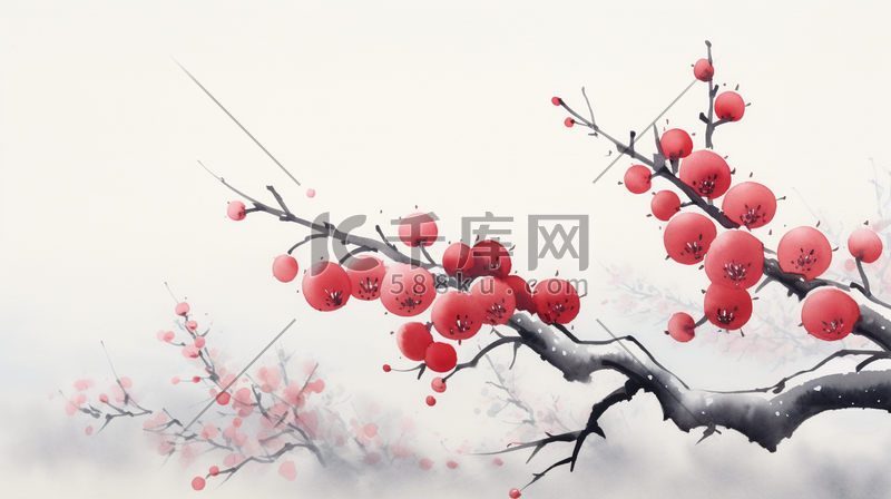 中国风红色水墨画梅花插画树枝图片