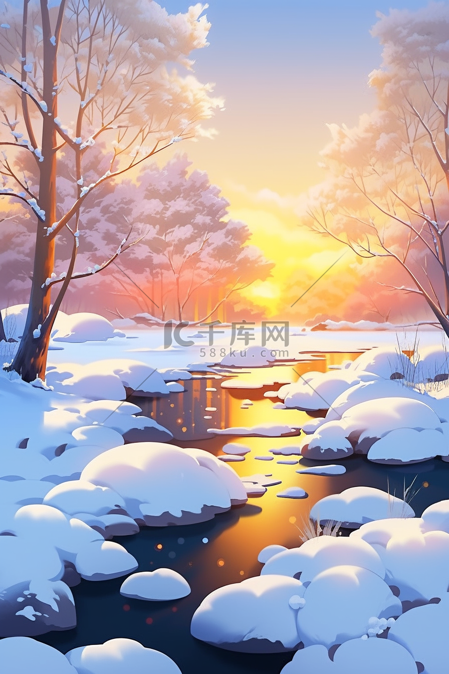 冬天日出唯美雪景插画海报图片