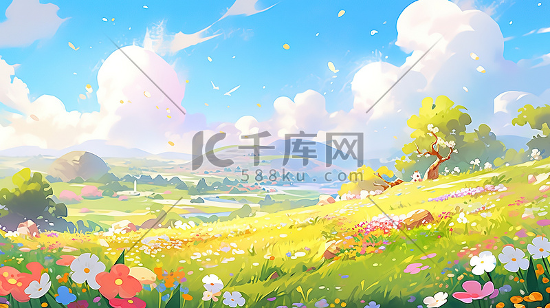 春天的花园阳光明媚原创插画图片