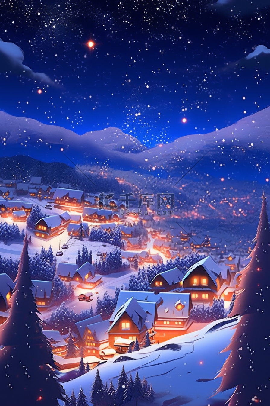 冬天插画雪景夜晚唯美海报图片