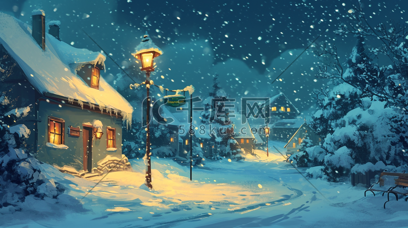 唯美冬天夜晚下雪房屋道路风景插图12图片