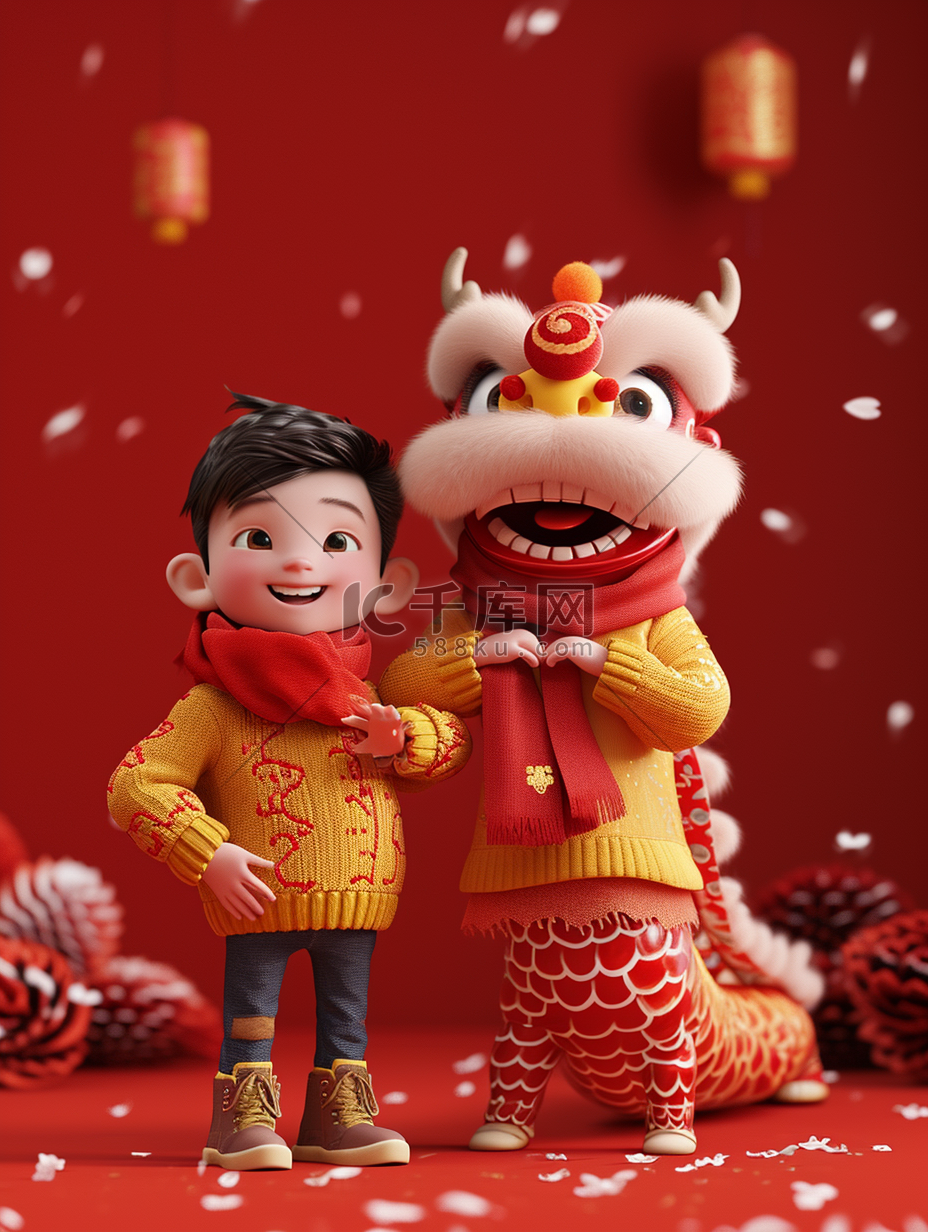 立体红色中国春节龙年小孩开心的插画3图片
