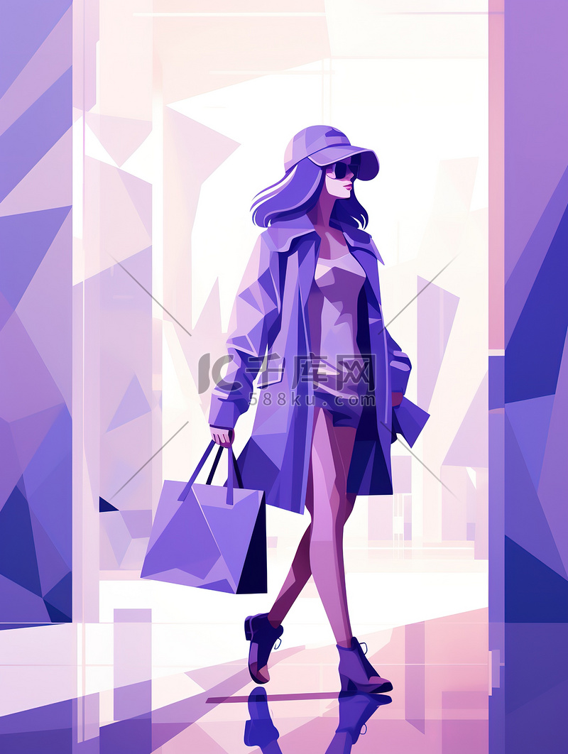 女性购物消费紫色扁平风插画图片