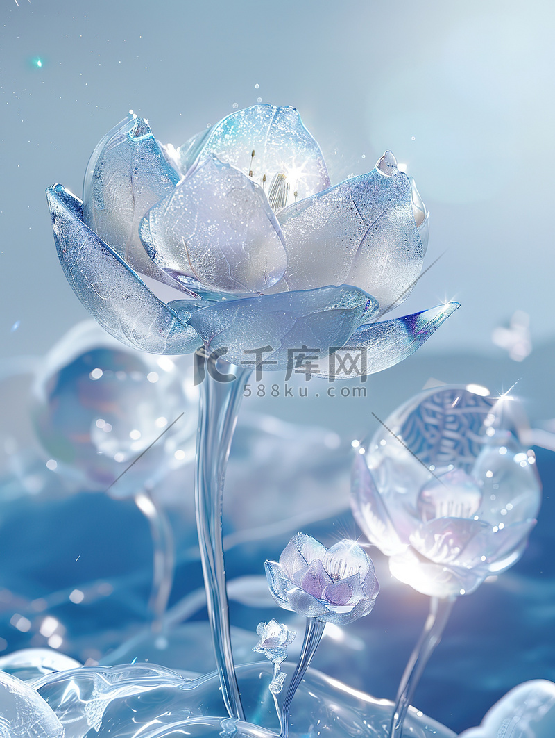 玻璃水晶花梦幻浅蓝色插画设计图片