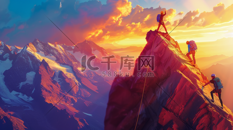 手绘阳光下攀登者挑战攀登爬山的插画12图片