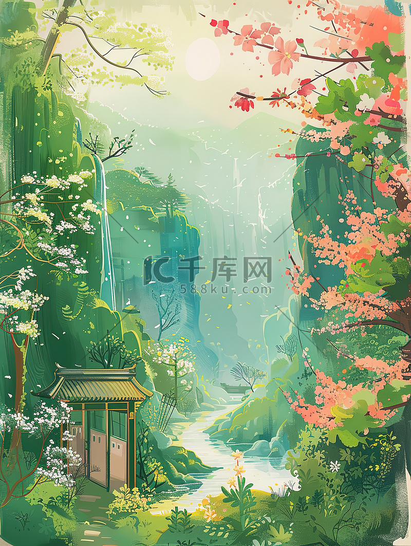 春天青山花朵中国风山水画原创插画图片