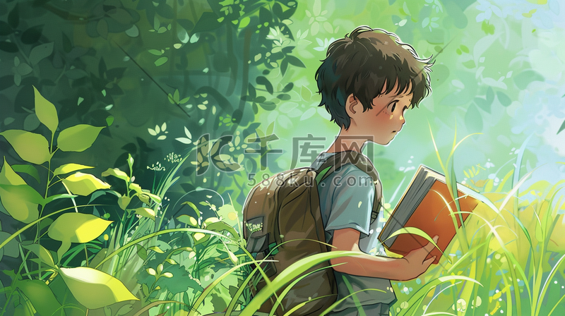 彩色手绘男孩读书看书的插画2图片
