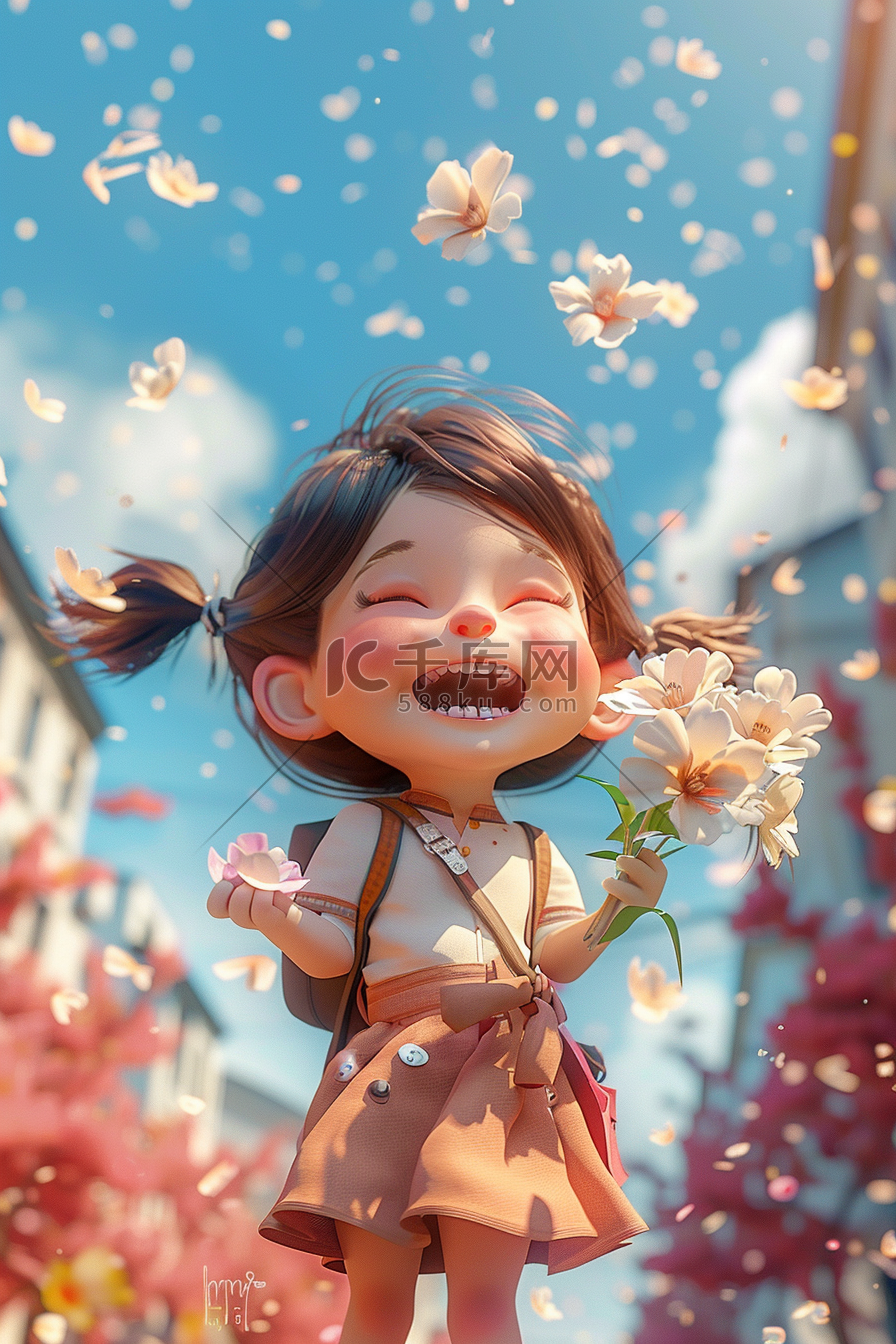 可爱的女孩3d手绘春天插画海报图片