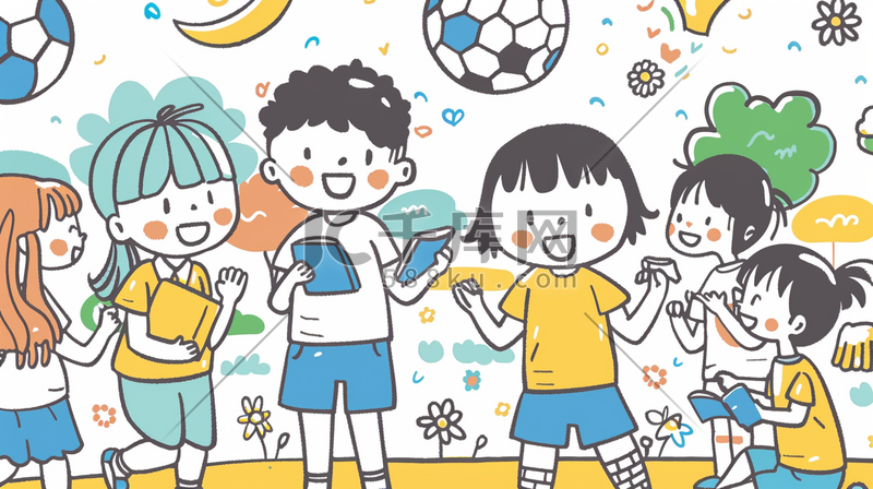 彩色卡通手绘儿童操场上看书踢球的插画图片
