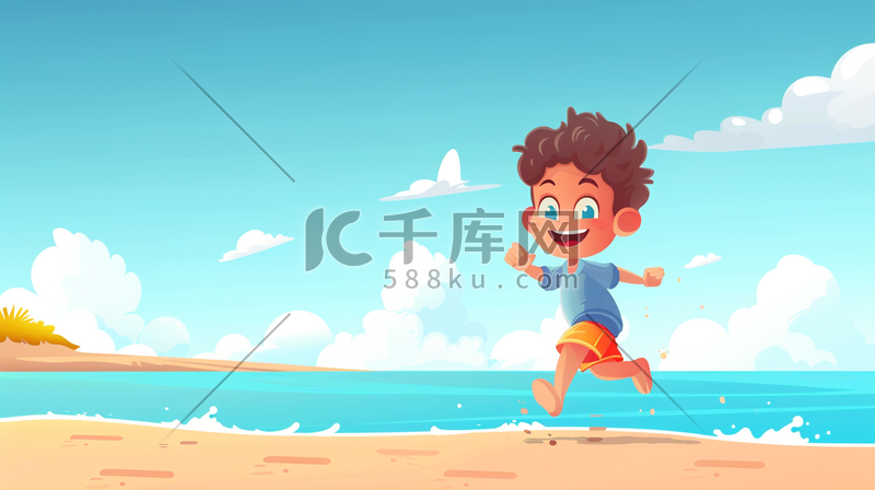 手绘绘画卡通男孩沙滩上奔跑的插画图片
