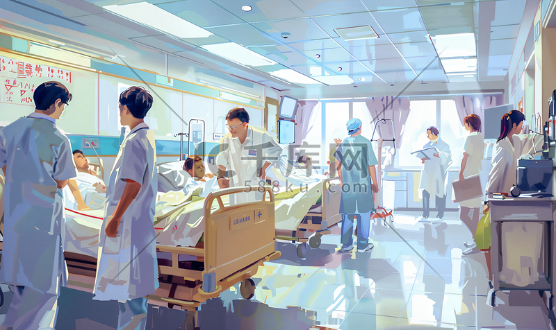 亚洲人病房内的医生和护士关爱病人图片