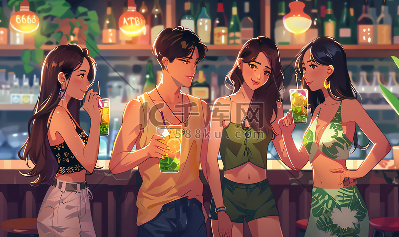 亚洲人青年朋友在酒吧喝酒人物图片