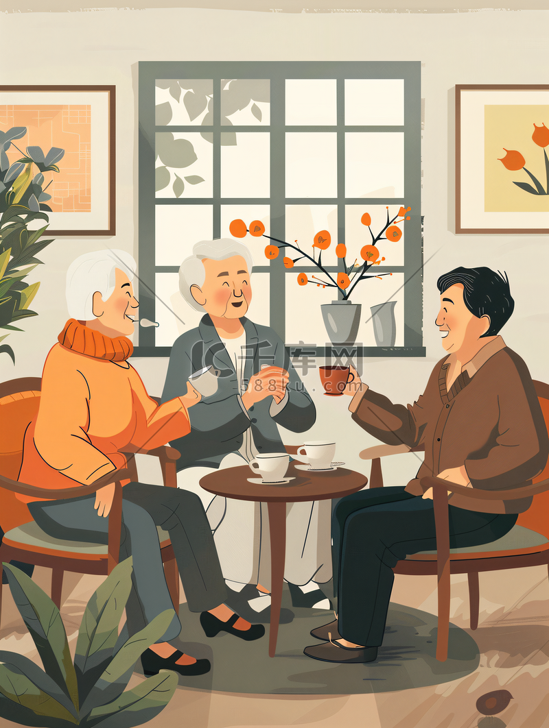 亚洲人快乐的老年人们在客厅喝茶聊天图片