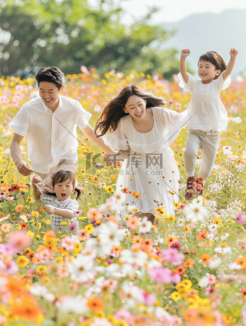 花海里奔跑的幸福家庭图片